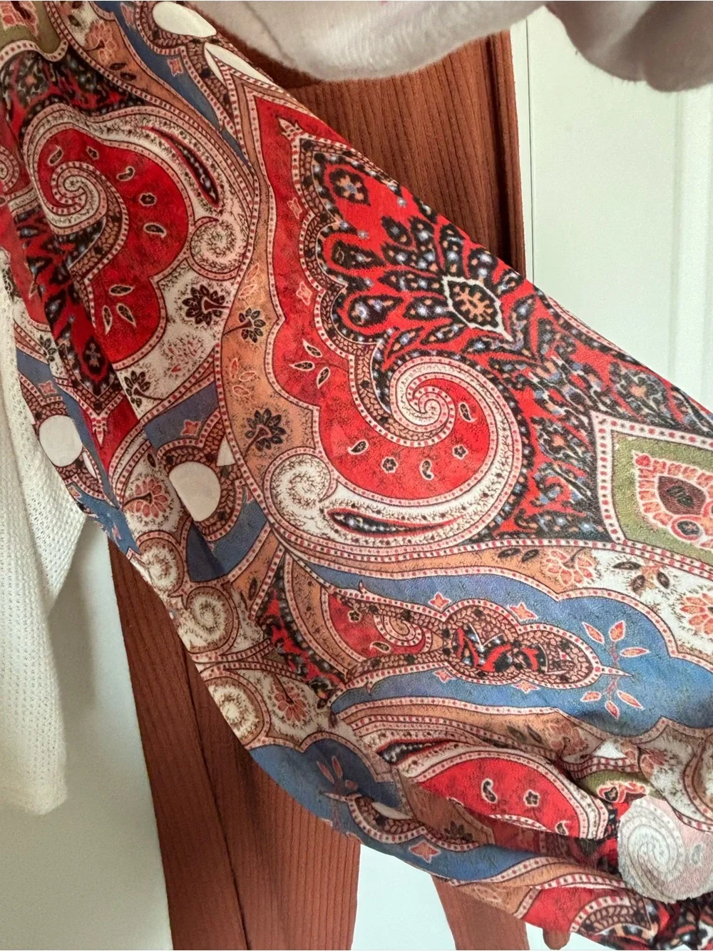 Boutique White Knit Top with Red Paisley Sleeves, Strappy bra, matching pant set